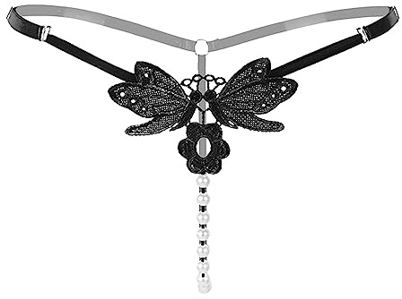 Sous-vêtements de couleur chair pour femme - Sous-vêtements brodés creux papillon sexy taille basse - Coupe ouverte - String de massage à perles - Petit sous-vêtement pour femme - Ensemble bikini,