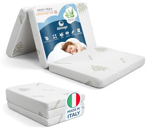 DOLCI SOGNI Materasso Lettino da Campeggio 60x120 Spessore 5 cm, OEKO-TEX® e CertiPUR™ Materassino Pieghevole per Culla da Viaggio, Fodera Aloe Vera, Materasso Lettino 60x120 per Lettino Portatile