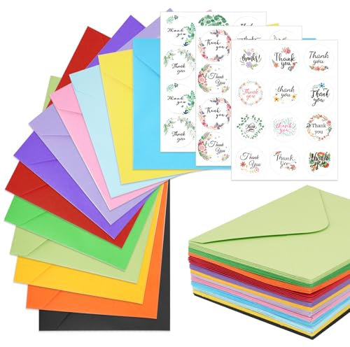 Briefumschläge Bunt -72 Stück 120 g/m², 12 Farben Farbige Umschläge -DIN B6-175 x 125 mm, Farbige Briefumschläge mit 3 Blatt Selbstklebende Aufklebern für Geburtstage, Hochzeiten, Weihnachten