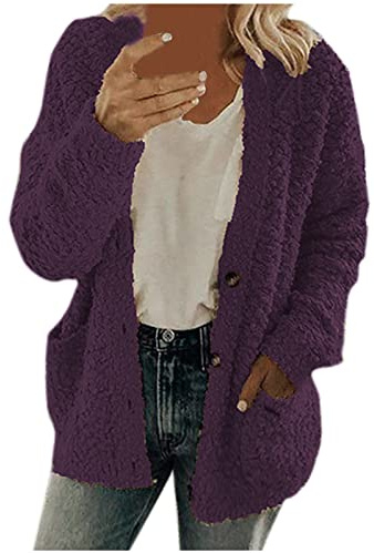 Cárdigenes de mujer con botones, frente abierto con bolsillos, manga larga, tacto suave, de punto grueso, suéteres de mujer ligeros, suéteres largos de punto diarios, suéteres sólidos de color, Morado
