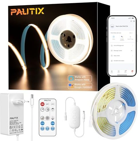 PAUTIX WIFI COB LED Tira Blanco Cálido 2700K 5M,480LEDs/M Regulable 24V LED Tira Flexible CRI90+ Brillo,Inteligente Función con Alexa,RF Remoto y Alimentación para decoración del Hogar de Bricolaje