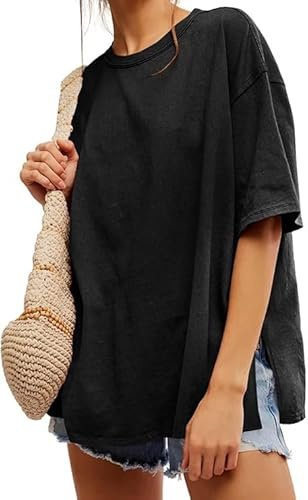 Tankaneo Maglietta da Donna, Oversize, a Maniche Corte, Girocollo, Estiva, in Tinta Unita, Lunga, Casual, Basic con Spacchi Laterali, Nero, XL