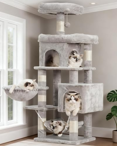Heybly Árbol para Gatos, Torre Escalada con Poste Rascador para Gatos, 145 cm de Altura, Cuenta con Dos Grandes Plataformas, una Hamaca Amplia y un Cesto para Gato, Gris humeado HCT016W