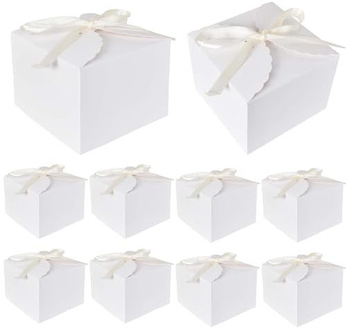 10-pack presentlådor, godislådor för bröllop, bröllopspresentaskar med rosett, perfekt för bröllop, fester, födelsedagar, för förpackning av godis, choklad (vit)