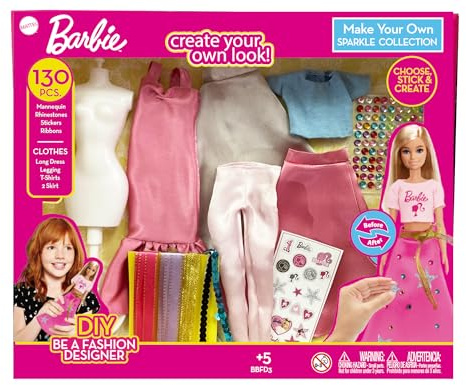 Barbie Set Creativo DIY Moda Brillante – Kit de 130 Piezas | CREA Ropa para Muñecas con Strass, Cintas, Pegatinas y Maniquí | Regalo Barbie para Niñas a Partir de 5 Años