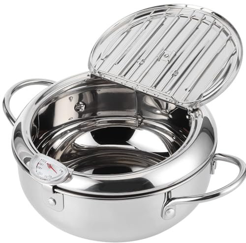 Olla Freidora, Freidora Tempura de Acero Inoxidable Estilo Japonés, 24cm Mini Olla Freidora con Termómetro, Tapa y Escurridor de Aceite, para Cocina Casera Papas Fritas Pescado Camarones