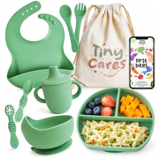 TINYCARES Vajilla Bebe Silicona, Vaso Aprendizaje y Cuchara Bebe Aprendizaje para Desarrollo Motor de Bebes, Vajilla Infantil, Cubiertos Infantiles. Incluye Bolsa de Algodón y Guía Recetas BLW (Verde)