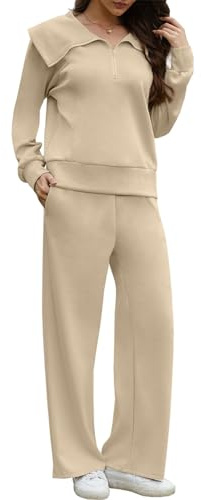 Yutdeng 2 Piezas Conjunto Chandal Mujer Invierno Otoño Pantalon y Sudadera Media Cremallera Conjunto Deporte Fitness Running Gym Chándal Mujer Completo con Bolsillos Casual Vestir Dos Piezas,Caqui,XL