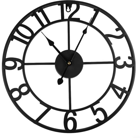 Desiumite Reloj de pared de metal vintage para exteriores, 34 cm/40 cm, resistente a la intemperie, silencioso, con números grandes fáciles de leer para patio, porche, jardín, cocina, dormitorio o (F)