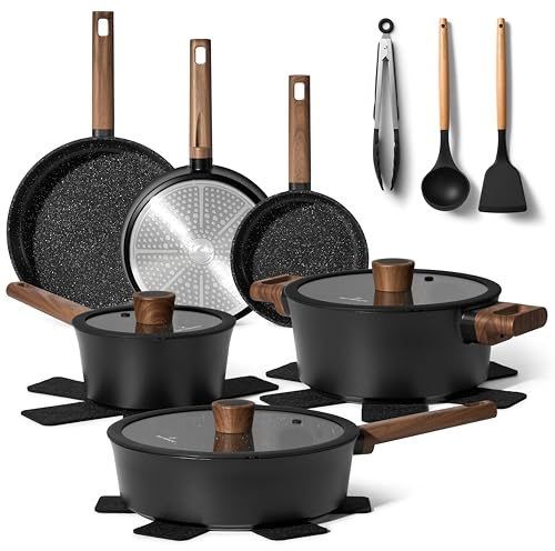 Just Perfecto Juego de 15 utensilios de cocina de inducción: sartenes antiadherentes, ollas con tapa de cristal, wok, utensilios de cocina y salvamanteles apto para cocinas de gas, eléctricas