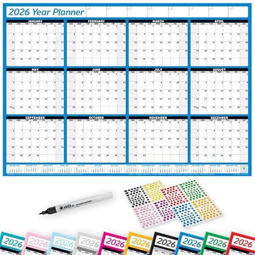 PlannerHead 2026 Laminated Wall Planner Calendar Chart Poster/Yearly Calendar 2026 / Grid Style 12 Months with Pen & 400 Stickers / 2027 Footnote Included/Blue/Large (49x70cm)