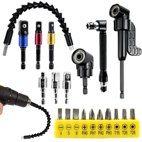 Set da 20 Pezzi Adattatore per Trapano ad Angolo Retto 105°,cacciavite angolare 1/4 pollici,Prolunga Trapano Flessibile, avvitatore angolare per foratura in spazi ristretti