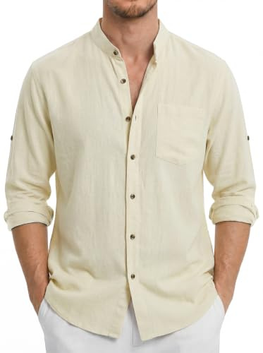 Enlision Camisa de Lino Manga Larga para Hombre Casual Cuello Mao Camisetas con Botónes Elegantes Playa Verde S-4XL