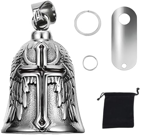 SIXHAOBU Campana de Motocicleta Espíritu Guardián, Guardian Bell campanilla de la suerte con soporte de montaje, 2 llaveros, anillos y bolsa organizadora para regalos de moteros