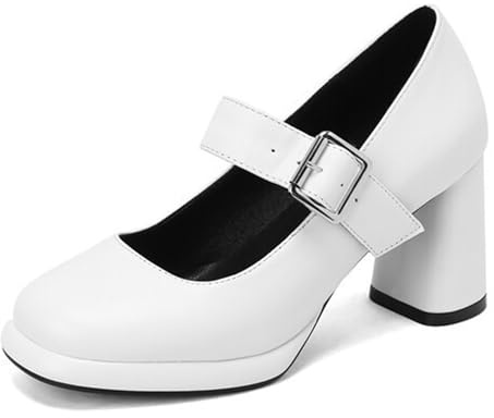 Gueploer Décolleté con Tacco Largo, Donna, Punta Tonda, Classiche con Cinturino E Fibbia, Scarpe da Festa per La Vita Quotidiana, Ufficio, Ballo,Bianca,34 EU