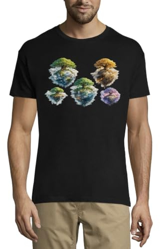 Flytande öar med frodiga träd och vattenfall rund hals bomull herr t-shirt svart