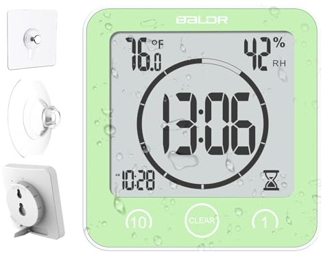 Baldr Shower Clock Waterproof Bathroom Clock with Timer/Temperature/Humidity, Digital Timers for Kids and Adults, Bath Kitchen Study, Green