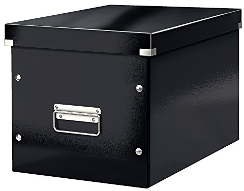 Leitz Click & Store Aufbewahrungsbox mit Deckel Groß, Würfelbox passend für Kallax Regale in Wohnzimmer oder Büro, Box aus 80 % recycelter Premium-Hartpappe, Stabile Metallgriffe, Schwarz, 61080095
