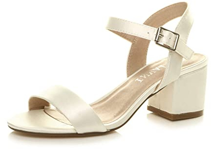 Women Ladies Low Block Heel peep Toe Ankle Strap Strappy Party Sandals, Ivory Satin, 5 UK