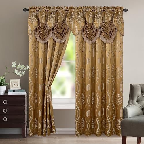 Elegant Comfort Aurora Jacquard Look Curtain Panel Set with Attached Valance 54 X 84 inch (Set of 2), Taupe