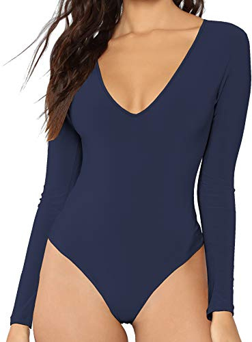 MANGDIUP Body à manches longues et col en V pour femme - Hauts extensibles sexy et confortables, bleu marine, Small
