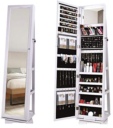 SogesHome Armoire à Bijoux sur Pied avec Miroir Pleine Longueur, Pivotante à 360°, Verrouillable, Organiseur de Bijoux, Hauteur 160 cm