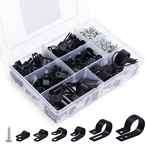 Belle Vous Nylon R-Typ Kabelschellen zum Schrauben Set (271 Stk) - 6 Größen - Schwarze Kunststoff Kabel Klipse mit Befestigungsschrauben - Kabel Halterungen für Kabelführung & -Durchführung