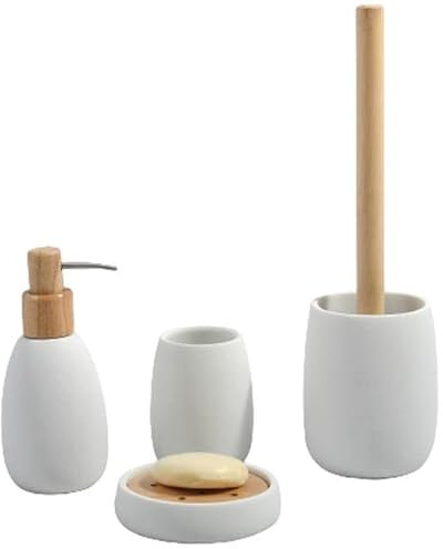 Spirella - Set de Salle de Bain 4 Accessoires de Salle de Bain en polyrésine Sven - Distributeur de Savon, Porte-Savon, Brosse WC et gobelet à Brosse à Dents - Blanc Mat