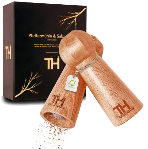Thiru Profi Salz und Pfeffermühle Set - patentiertes Keramikmahlwerk - inkl. Untersetzer & Reinigungspinsel - Buche Massivholz groß