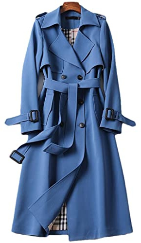 Spring Women's Trench Coat Street Casual Long Loose Double Breasted Trench Jacket Blue M