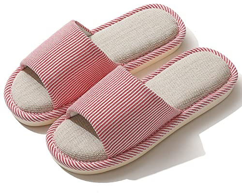 JIJIe Slippers for Women Men Linen Slippers Open Toe House Shoes Summer Sandals for Indoor Outdoor Bedroom (Red 36/37)