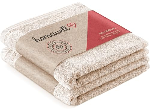 Homewell Handtücher Set - weich und saugstark, 100% Baumwolle, Oeko-Tex 100 Zertifiziert (2 Handtücher 50x100 cm, Beige)