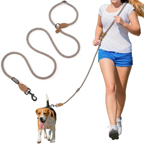 Mile High Life Laisse pour chien mains libres, laisse de taille en bandoulière avec connexion en cuir véritable, laisse réglable multifonctionnelle pour la marche et la course du chien (Marron, 2,1 m)