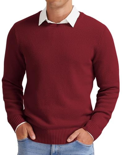 NITAGUT Herrtröjor Ulltröja Herr Rund Hals Pullover Tröjor Casual Klassiska Stickade Kläder Lätta Tröjor med Ribbad Kant, Vinrött, L