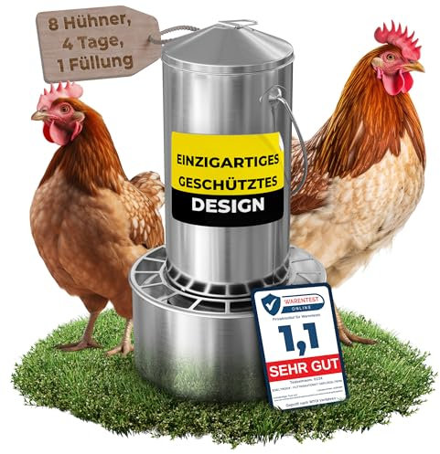 EDELTROOX® Edelstahl Futterautomat Hühner (4L / 8L Volumen) I Spart bis zu 40% Futter I Robust, aufhängbar & rattensicher I Abnehmbares klick-Gitter I Spülmaschinengeeignet I frei von scharfen Kanten