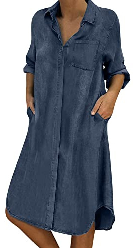 Jeansklänning dam knälång – skjortblusklänning dam blå ledig korta ärmar, knapp nedtill, denim babydoll, jeanklänning, Eanklänning sommar, kortärmad knappklänning, blusklänning, skjortklänning,