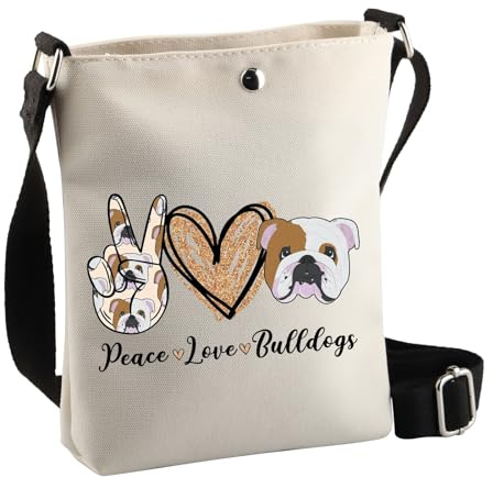 PLITI Sac à bandoulière Bulldog français Cadeau Peace Love Bulldogs Sac à bandoulière Bulldog anglais Cadeau pour amoureux de bouledogue anglais Cadeau pour maman, Peace Bulldog Cbagu, 8×7.5×1.8inches