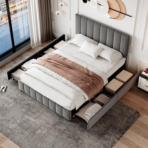 BTM Upholstered Double Bed 4FT6(135x190cm), Upholstered Double Bed Frame with 4 Drawers, Adjustable Headboard and Metal-Wood Support, Grey Velvet (No Mattress)