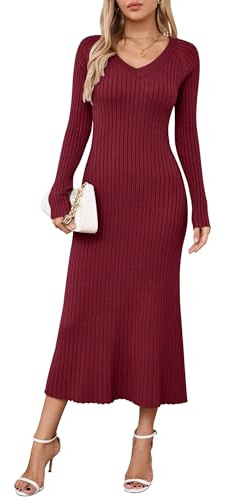 Arach&Cloz stickad klänning dam V-ringad höst vinterklänning lång tröja klänning bodycon Fishtail maxiklänning elegant, Burgund, XL