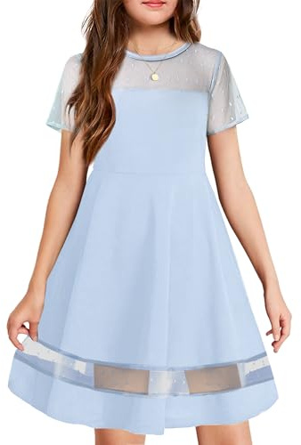 Arshiner Niñas Vestidos Verano Niños Festivo Malla Vestido A-Line Elegante Moda Vestido Casual Infantil Fiesta Vestidos de Manga Corta para Niñas 11-12 Años Azul Claro