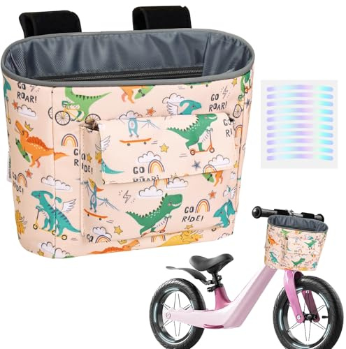 LOCAL LION Kids Bike Basket, Bike Handlebar Bag, Waterresistant Bicycle Basket, Thickened Bicycle Front Bag for Children's Balance Bike Tricycle Scooter, Yellow-Dinosaur
