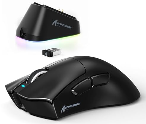 ATTACK SHARK V3PRO Ratón Gaming Inalámbrico con Base Carga Magnética, PixArt PAW3311, hasta 25000 dpi, BT/2.4GHz/Alámbrico, 100M Clics, 500mAh, 65g Ultra-Ligero para Win11/Xbox/PS/Mac - Negro