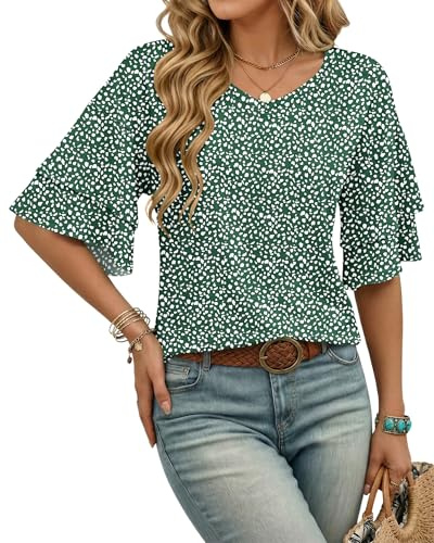 WNEEDU Magliette Donna Manica Corta Estivo T Shirt Collo a V Stampa Floreal Top Camicia Donna Elegante Maniche a Balze Taglio Ampio Casual Blusa Verde a Righe 3XL Taglie Forti