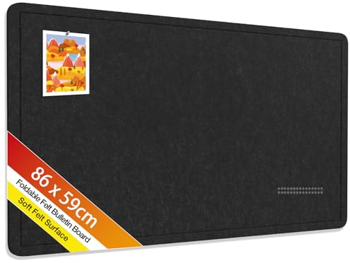 Rdutuok Tablón de anuncios de fieltr,Alternativa Moderna al Corcho Autoadhesivo, Panel Plegable para Fotos y Vision Board con 20 Chinchetas – para Oficina, Cocina, Habitación Infantil,Negro,86 x 59 cm