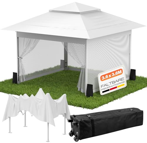 Huracan Carpa Plegable para jardín 3,6x3,6m, pabellón Plegable con mosquiteras Laterales y Sacos de Arena, Impermeable Gazebo de jardín Regulable en Altura, Carpa para Fiestas con Techo Doble, Blanco