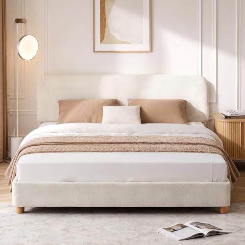 King Size Boucle Bed Frame, Upholstered Cloud Bed, Cream White Platform Bed | Adjustable Headboard, Sturdy Wood Legs, Rounded Corners, Easy Assembly