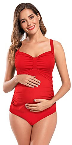 SHEKINI Damen Schwangerschaft Badeanzug Bowknot Bandeau Bademode Raffung Einteiliger Monokini für Schwangere Grosse Grössen Umstandsbademode (Rot, M)