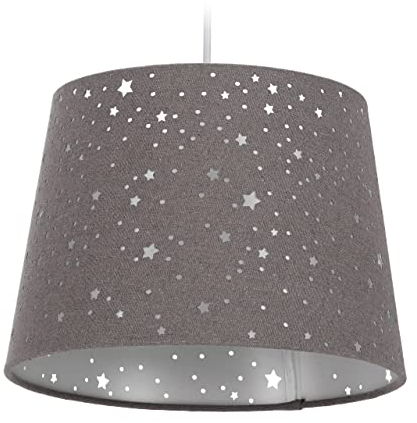 Relaxdays Kinderzimmerlampe Sterne, hängende Schirmlampe, Jungen & Mädchen, Sternenhimmel, E27, runder Stoffschirm, grau, 10028042_111