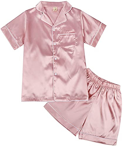 amropi Set di Pigiama da Donna in Raso di Seta a Maniche Corte con abbottonatura Set da Due Pezzi Rosa-2,XS