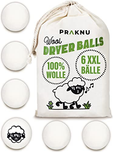 Praknu 6 Boules de Séchage en Laine de Mouton Organique - Balles de Séchage pour Sèche-Linge - Boule de Sechage Réduit le Temps et Adoucit le Linge - Parfaites pour le Duvet